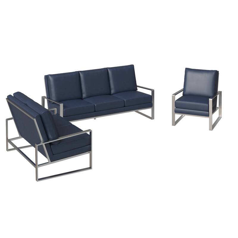 3-Piece Leather Sofa Set Brushed Stainless Steel Base and Removable Cushions - Navy Blue
