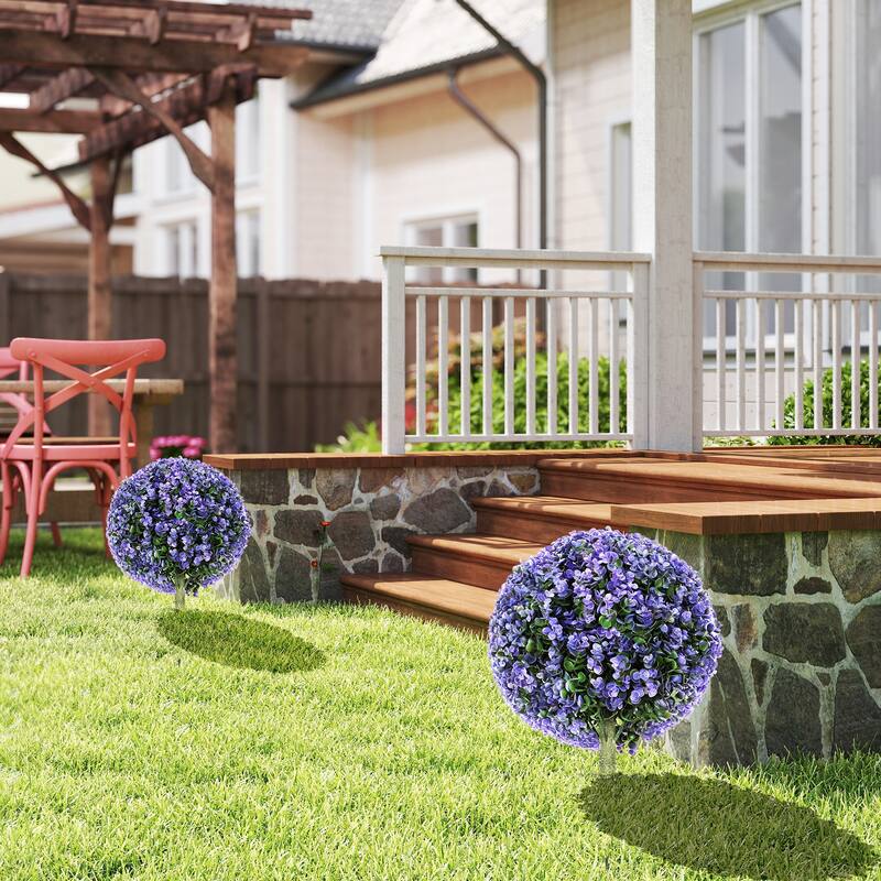 HOMCOM Set of 2 1.3ft (15.8") Artificial Boxwood Topiary Ball Bush with Integrated Ground Stake, Faux Plants - Purple
