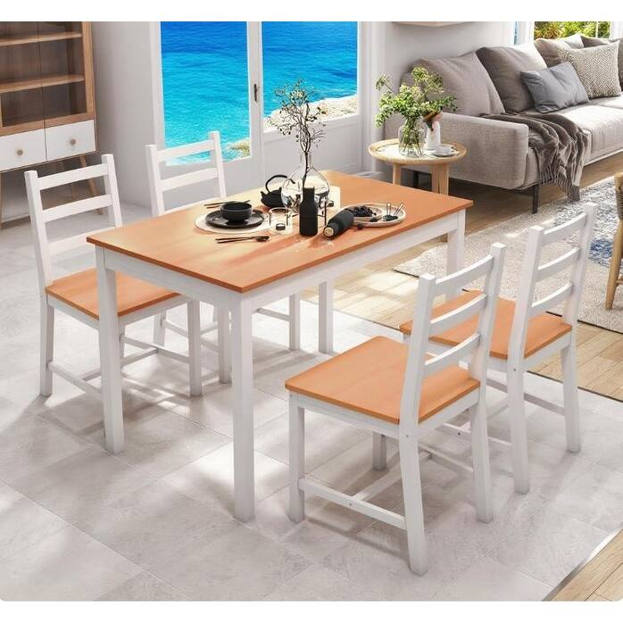 5-Piece Rustic Dining Table Set, Wood Table with 4 High-Back Slatted Chairs, Kitchen Table Set for Dining Room - White