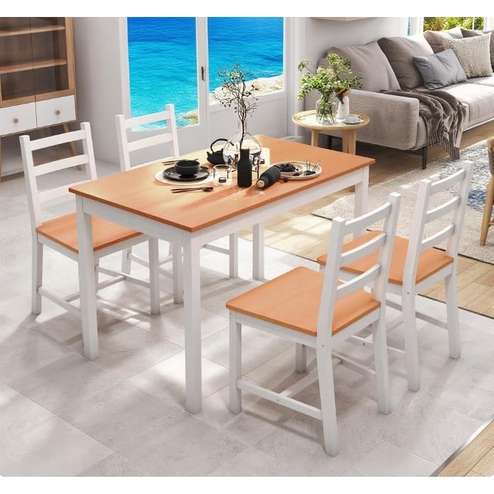 5-Piece Rustic Dining Table Set, Wood Table with 4 High-Back Slatted Chairs, Kitchen Table Set for Dining Room