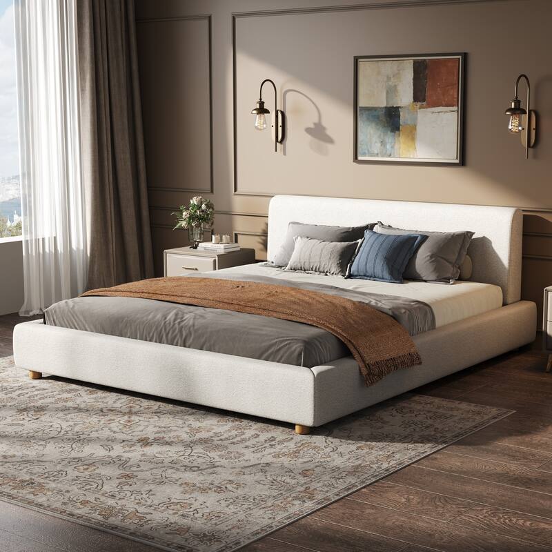 Christopher Knight Home - Jaro Modern Boucle Upholstered Platform Bed Frame with Wooden Slats Support, No Box Spring Needed - White - King