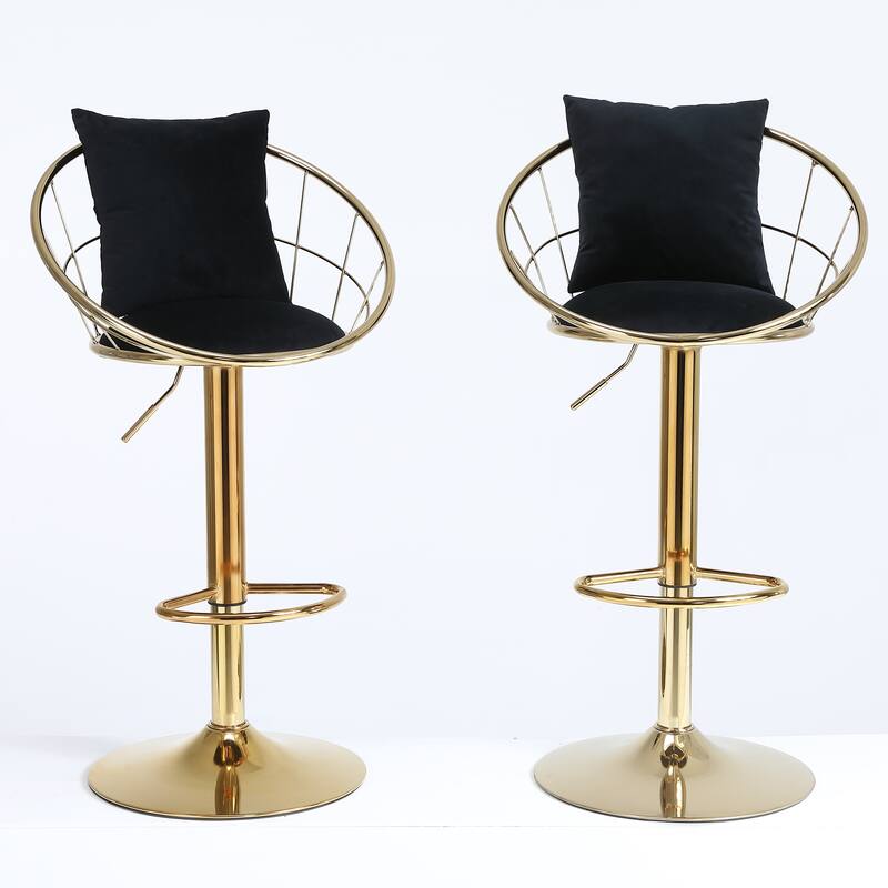 Velvet Bar Chair, Pure Gold Plated, 360 Degree Rotation, Adjustable Height, For Dinning Room And Bar, Set Of 2