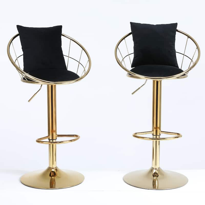 360 Degree Rotation Adjustable Height Velvet Bar Stool, Gold Plated Footrest and Base set of 2