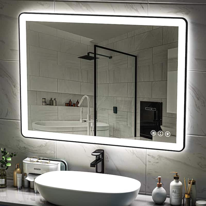 TOOLKISS Black Frame Anti-Fog Dimmable LED Light Vanity Bathroom Mirror with Backlit and Front Light