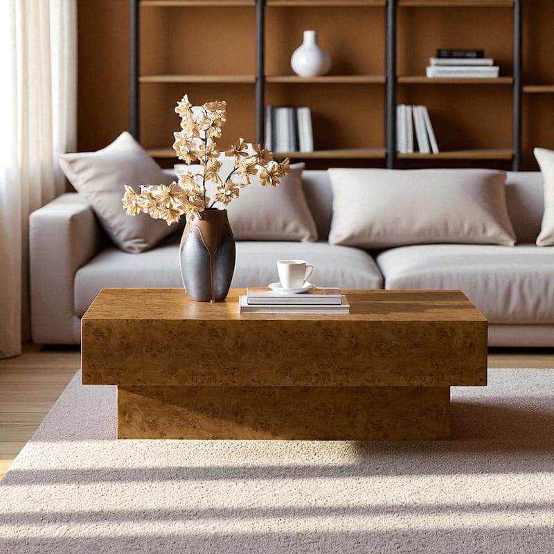 43.31" Faux Burl Wood Coffee Table, Rectangular Mid-Century Modern Accent Table with MDF Pedestal Base