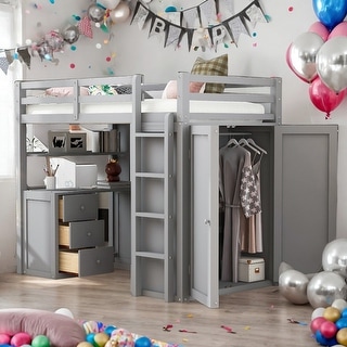Twin size Loft Bed with Drawers, Desk and Wardrobe, Space-saving, Grey