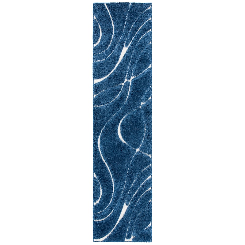 SAFAVIEH Florida Shag Sigtraud Abstract Waves 1.2-inch Area Rug - 2'3" x 9'  Runner - Navy/Ivory