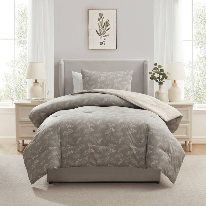 Empyrean 3PC Reversible Botanical Printed Comforter Bedding Set - Lunar Grey - Twin