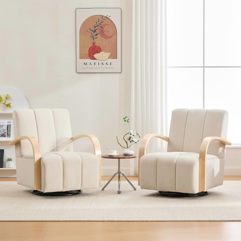 Modern Upholstered 360° Swivel Accent Chair with Solid Wood Armrests and Comfy Lounge Reading Chair, Single Sofa Armchair