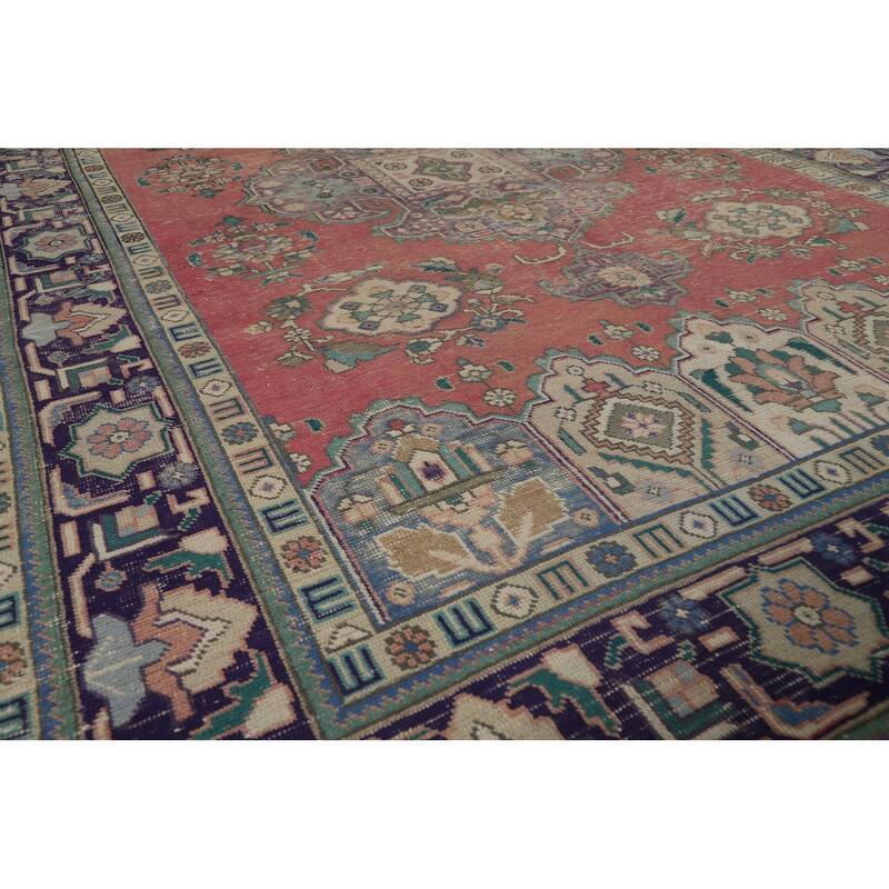 Vintage Geometric Tabriz Persian Area Rug Hand-Knotted Wool Carpet - 6'6" x 9'7"
