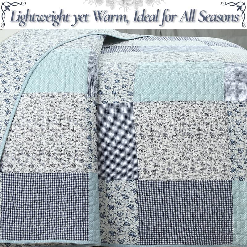 Cozy Line Subtle Blue Checker Cottage Floral Stripe Cotton 3 Piece Patchwork Quilt Bedding Set