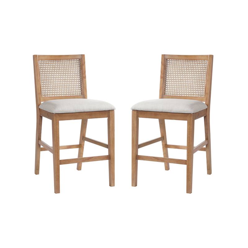 Christopher Knight Home - French Country Wood & Rattan Counter Stools with Upholstered Seat - Set of 2