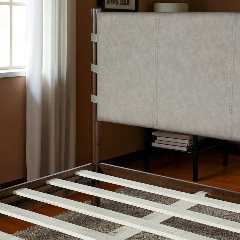 Mid Century Modern Queen/King Rubber Wood Platform Bed Frame with Headboard, Solid Wood Bed No Box Spring Needed