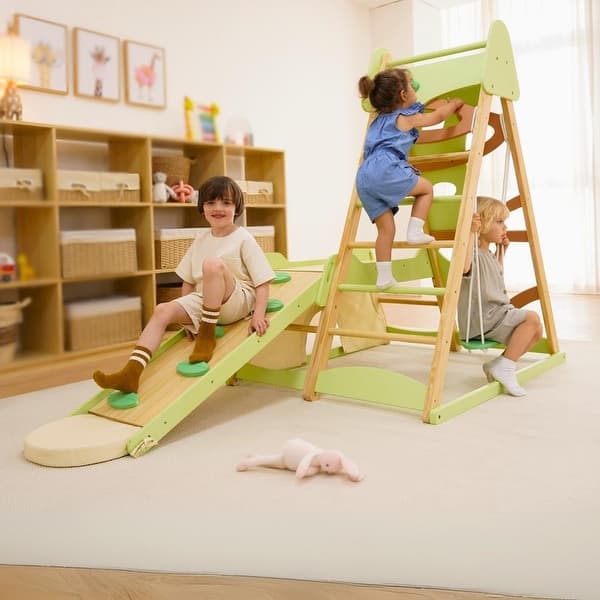 slide 2 of 9, Avenlur Bush 6-in-1 Indoor Wooden Jungle Gym Climber - Montessori Toddler Playset with Slide, Rock Wall, Ladder & More - Natural Natural