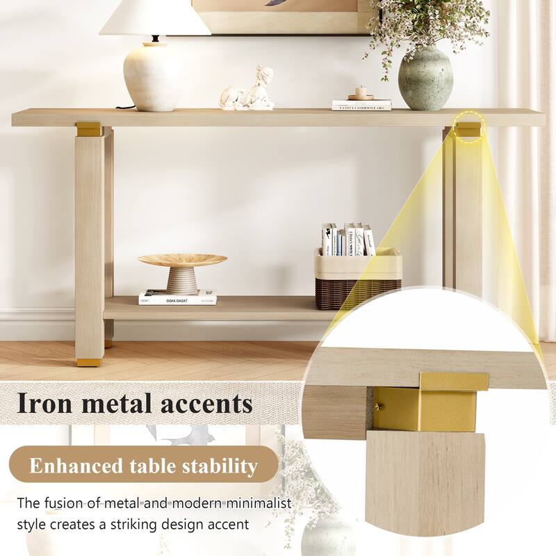 Modern Minimalist Console Table, Wooden Entryway Side Table with Metal Accents, Sofa Table with Built-in Storage Shelf