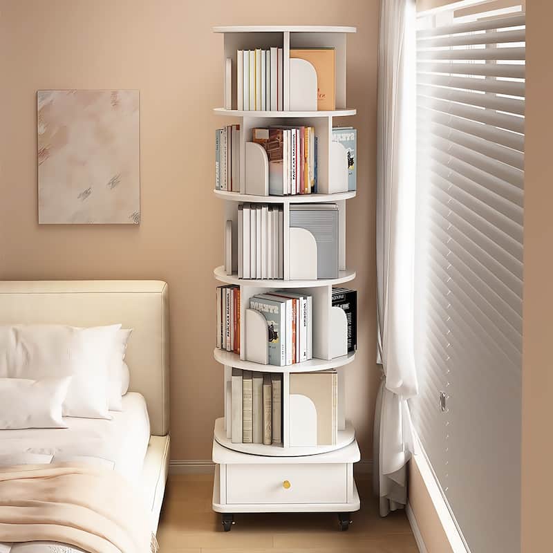GDF Studio - Purling Modern 6-Tier Wood 360-Degree Rotating Bookshelf with Drawer Storage