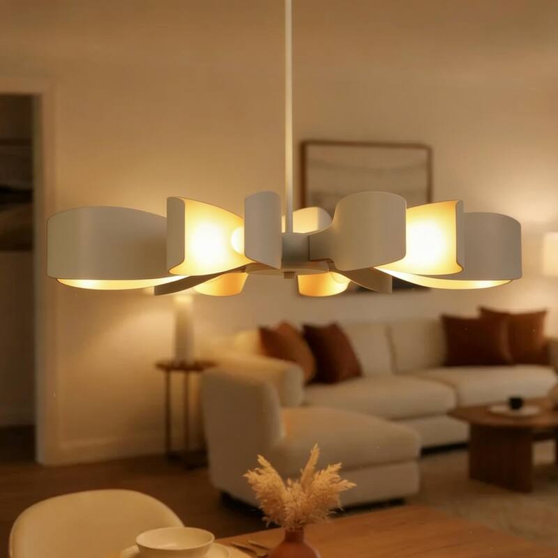 Modern White Gold 6-Light Chandelier with Flower-Design Shade for Kitchen Dining Room - 31.4 " × 3.7 "