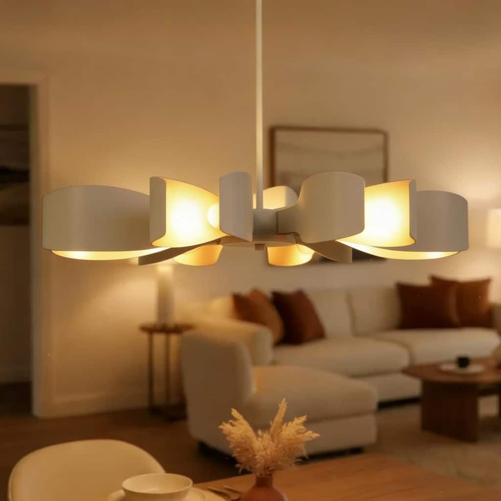 Modern White Gold 6-Light Chandelier with Flower-Design Shade for Kitchen Dining Room - 31.4 " × 3.7 "