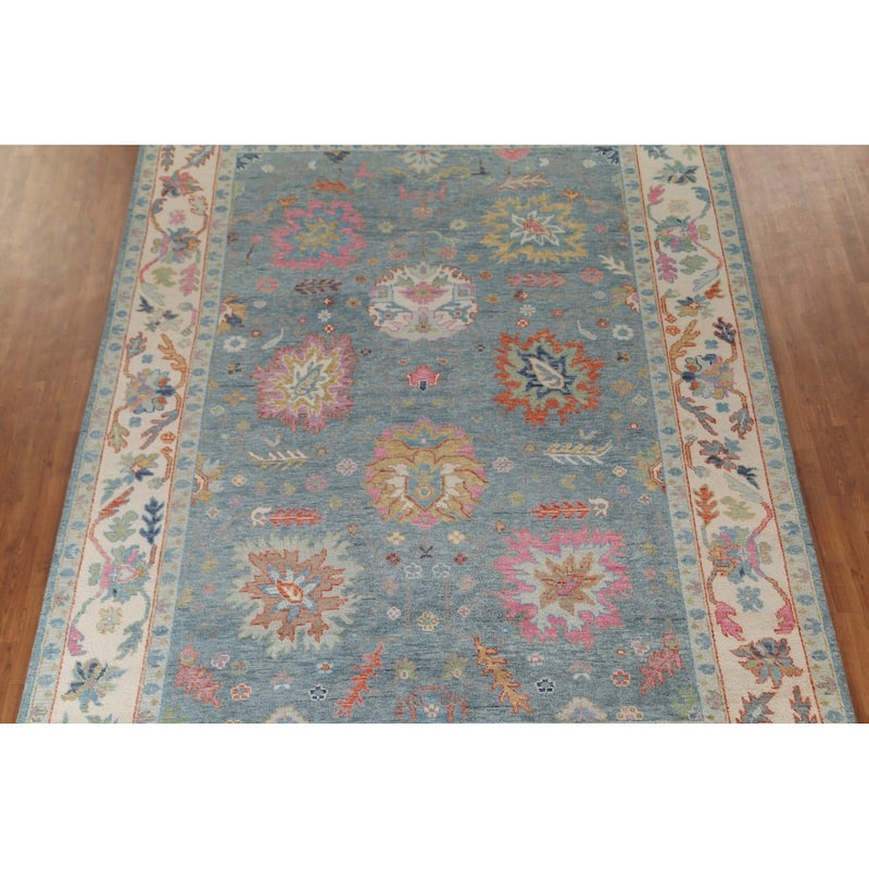 Blue Floral Oushak Oriental Area Rug Handmade Wool Carpet - 8'8"x 12'0"