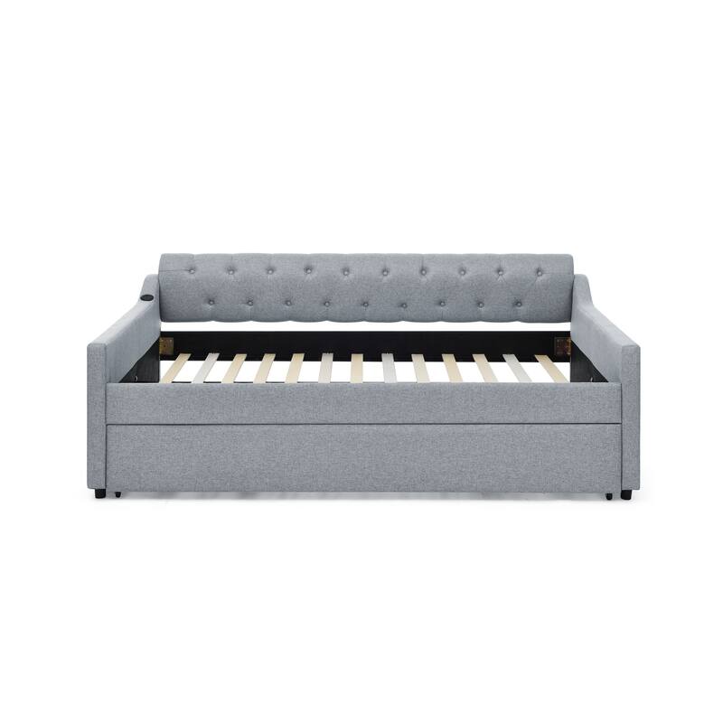 Upholstery Daybed with Erectable Trundle & USB Design