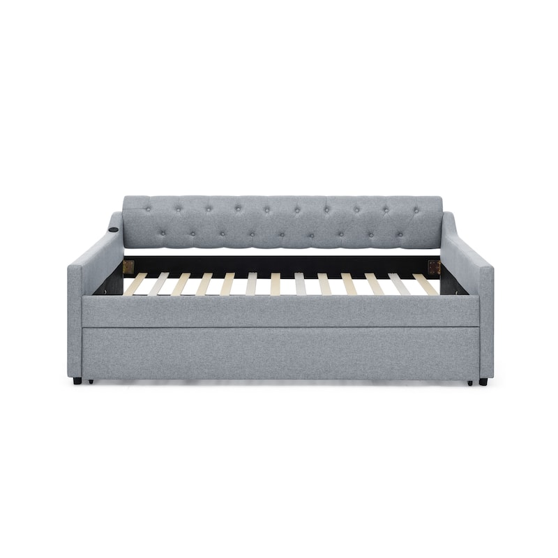 Upholstery Daybed with Twin Size Erectable Trundle and USB Charging Design