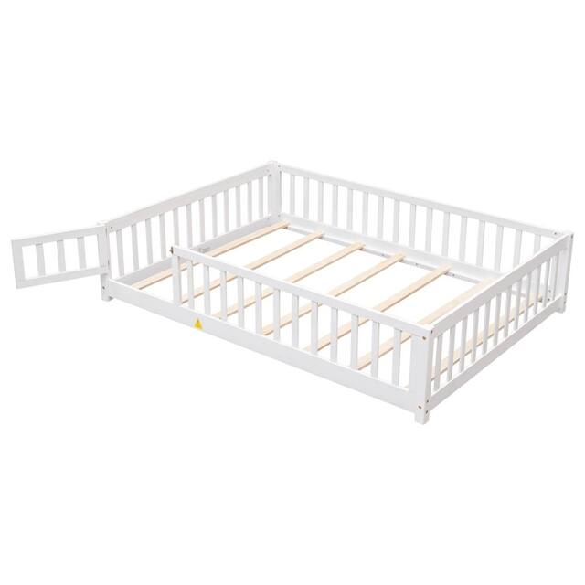 Twin/Full/Queen size Floor Platform Bed with Fence and Door for Kids, Toddlers