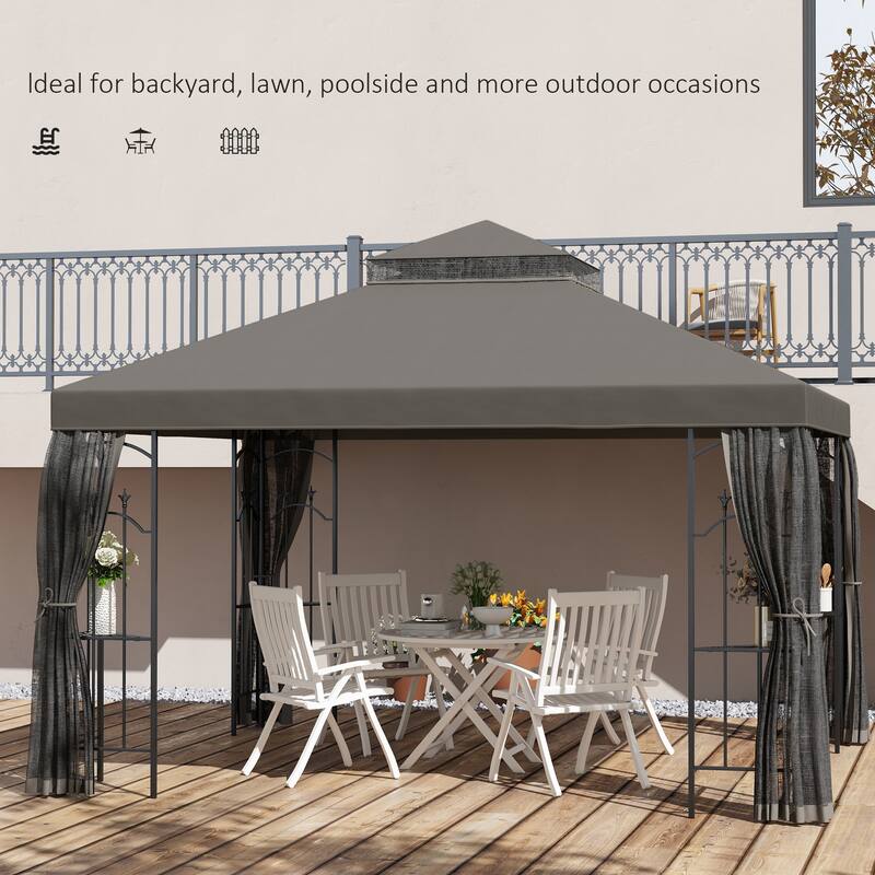 Outdoor Patio Gazebo Charcoal Gray Steel Frame with UV-Resistant Two-Tier Polyester Canopy, Mesh Netting