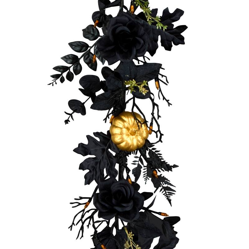 National Tree Company 6 ft. Artificial Chic Eek Black and Gold Halloween Garland, 50 Orange LED Lights, Battery Operated - 6 ft