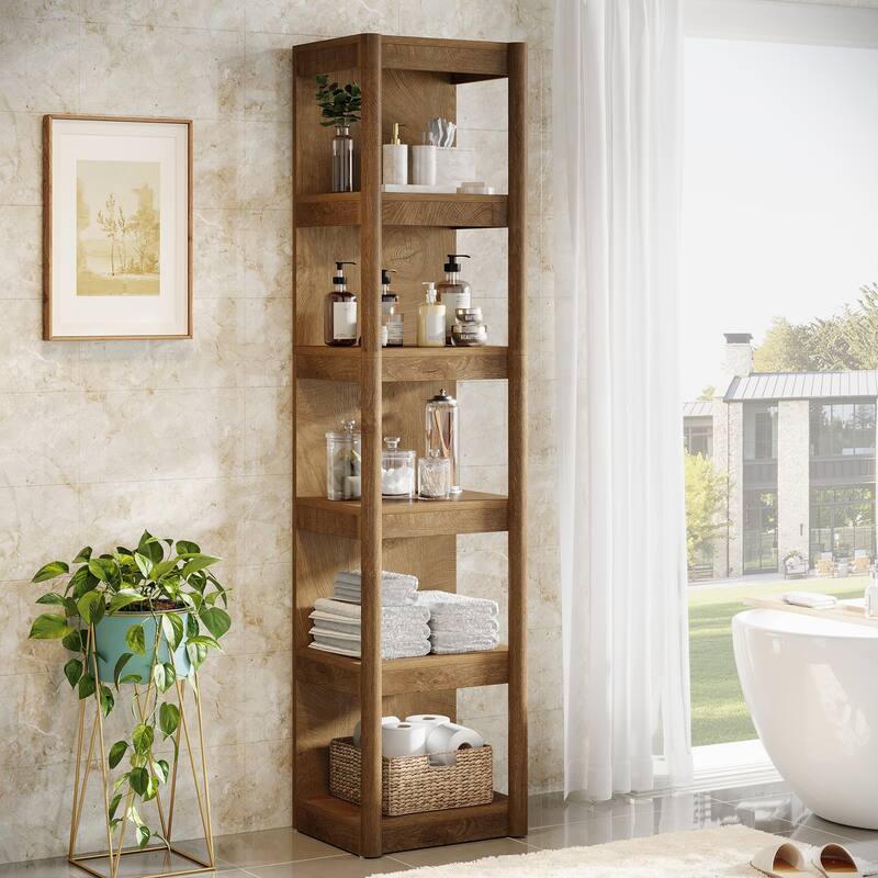 5-Tier Narrow Bookcase, 70.9" Tall Farmhouse Bookshelf - Brown