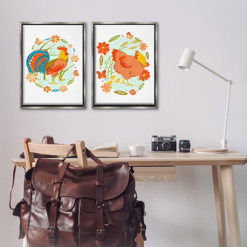 Stupell Rooster & Hen with Florals Framed Floater Canvas Wall Art Design By Hannah Moren (Set of 2)