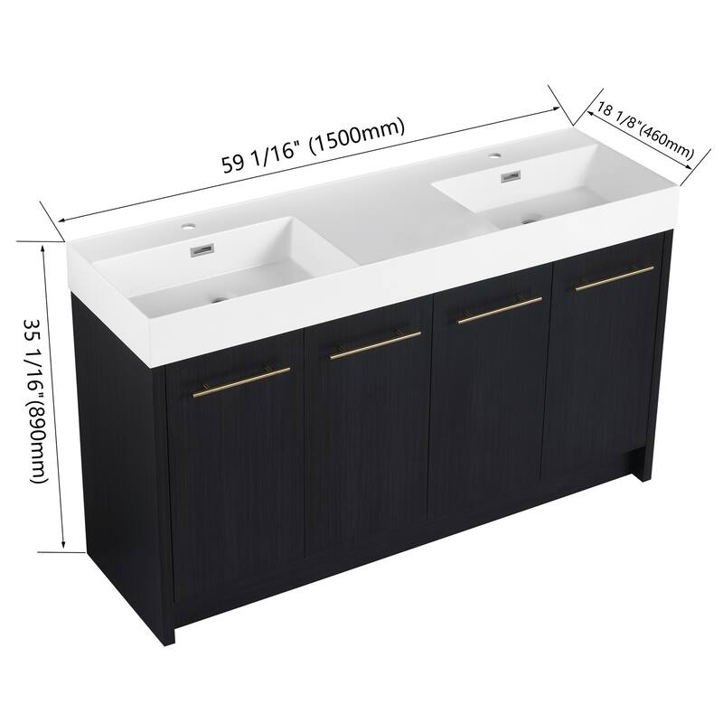 60 inch Plywood Freestanding Bathroom Vanity with Resin Double Sink - 60" x 18" x 35"