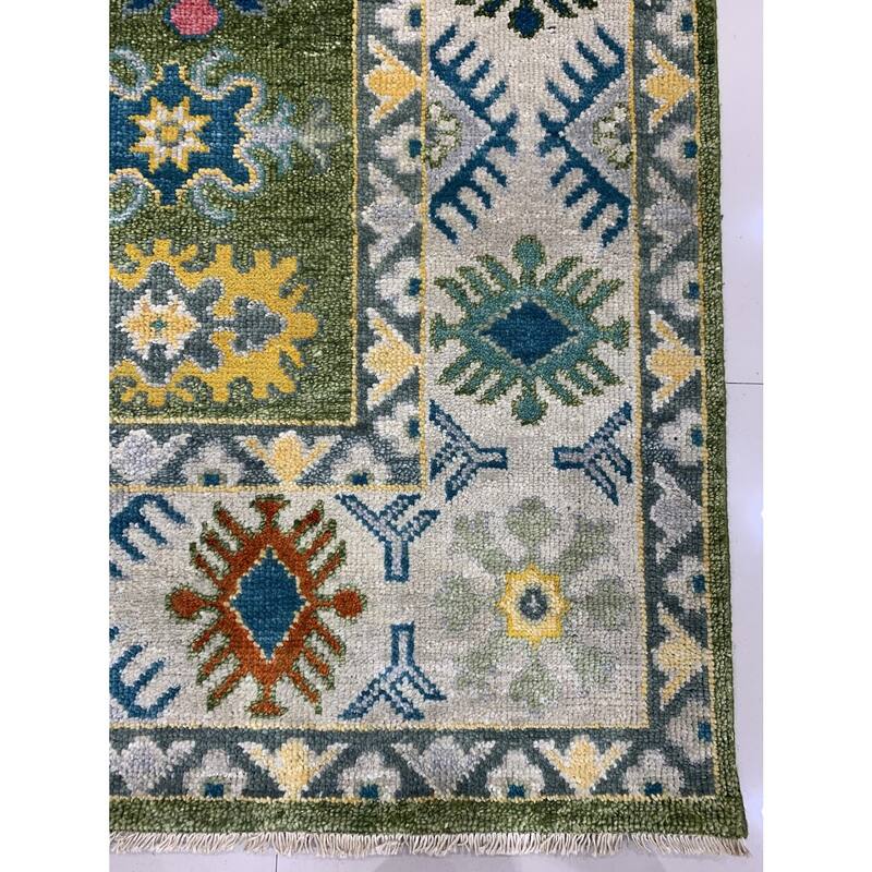 Light Green Beige Hand Knotted Wool Traditional Rug 9' x 12' - Ornamental Medallion 0.5" Pile Design - N/A