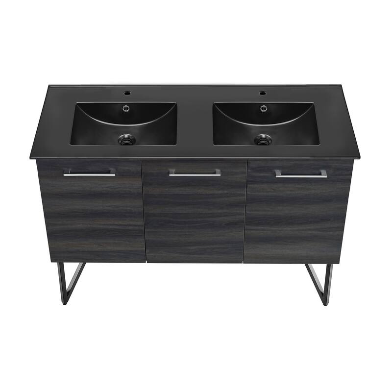 Annecy 48 In. Black Walnut, Double Basin Bathroom Vanity With Black Ceramic Sink Top