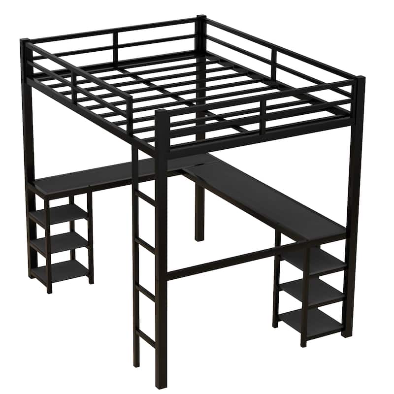 Full Size Metal Loft Bed with L-Shaped Workstation, Built-In Shelves and Guardrails