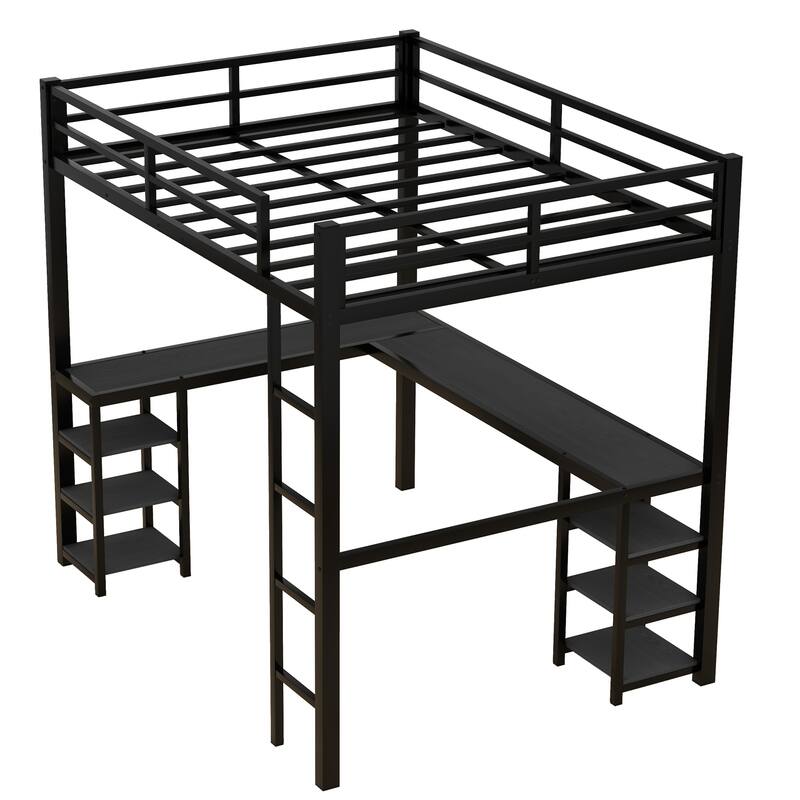 Roomfitters Metal Twin/Full Loft Bed with Desk & Shelves, Space-Saving Study Bed Frame with Ladder & Guardrails, Black