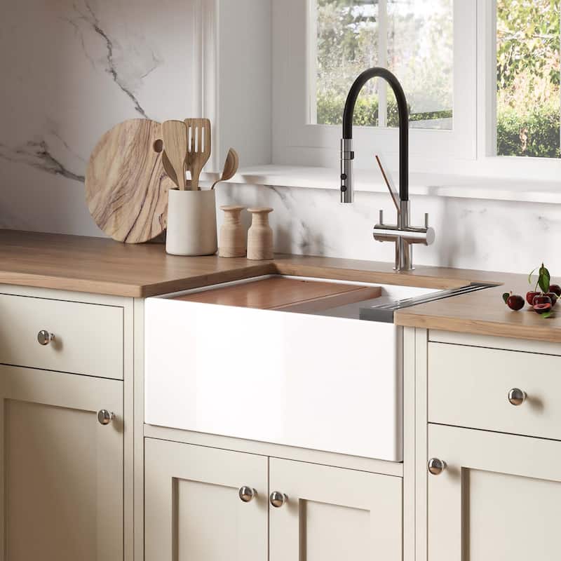 Ruvati 24 inch Fireclay Workstation White Farmhouse Kitchen Sink Apron Front Single Bowl - RVL2484WH - 24 x 18