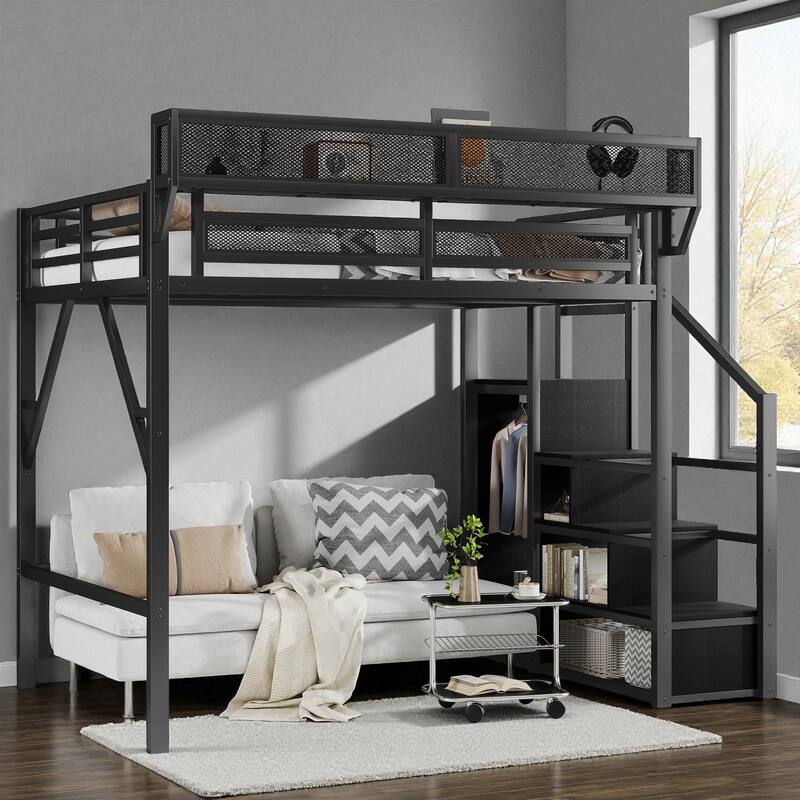 Full/Queen Size Metal Loft Bed with Stairs, Wardrobe, and Storage Shelves, High Loft Bed Frame for Kids and Teens - Black - Full