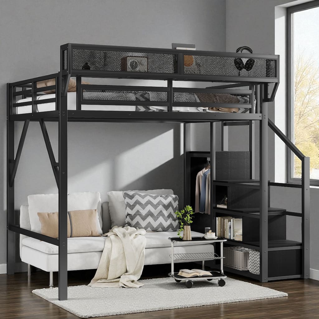Full/Queen Size Metal Loft Bed with Stairs, Wardrobe, and Storage Shelves, High Loft Bed Frame for Kids and Teens