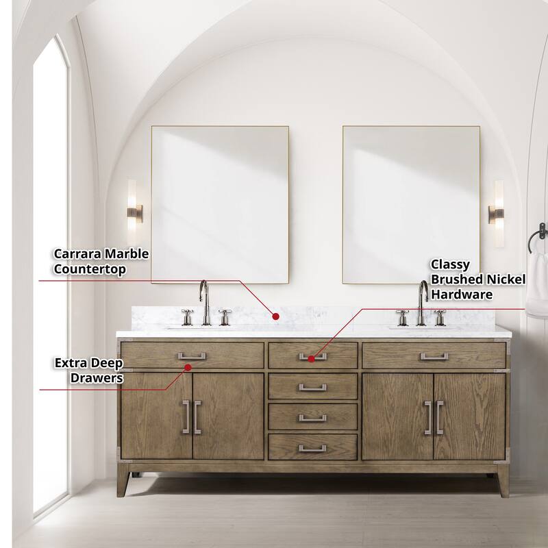Lexora Laurel Bath Vanity, Carrara Marble Top, Faucet Set, and Mirror