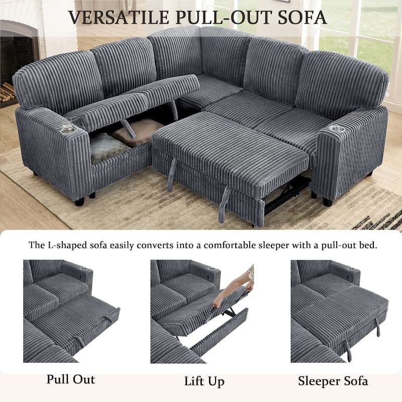 L-Shaped 5-Seat Sleeper Sectional - Pull-Out Bed with Storage & USB Charging, Corduroy Fabric