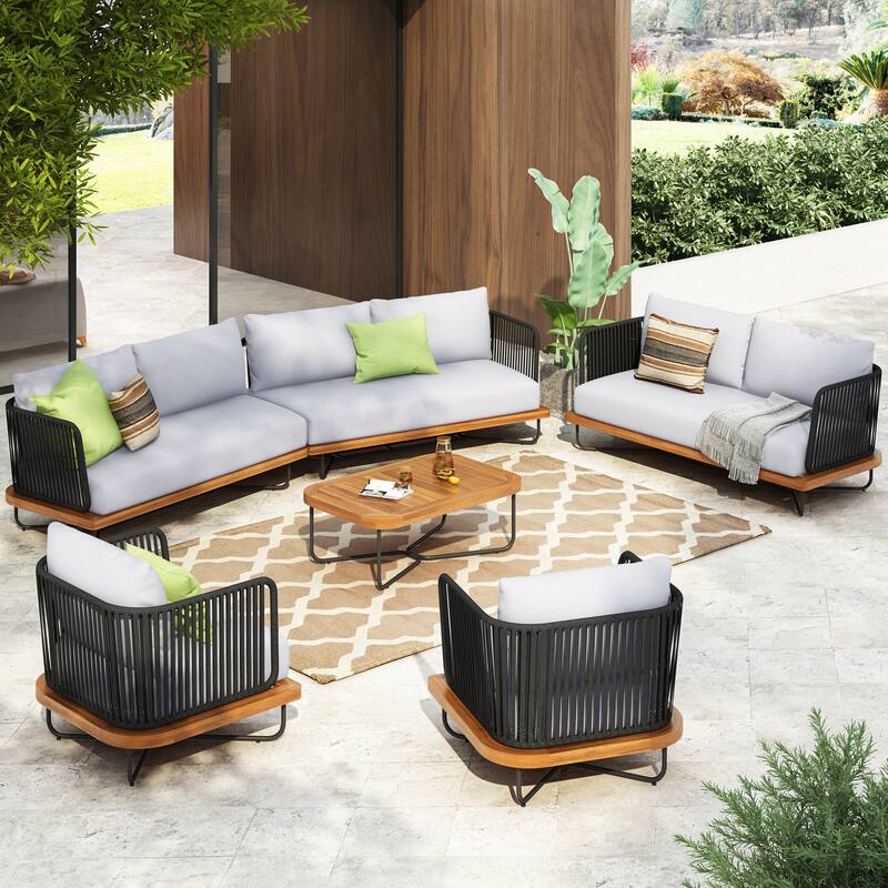 Christopher Knight Home - Evelyn Patio Outdoor Acacia Wood Rope Sofa Set - 2 chairs + table + loveseat + sofa - Teak finsh+Grey cushion+Black rope