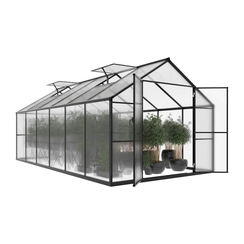VEIKOUS Aluminum Walk-In Garden Greenhouse Kit with Adjustable Roof Vent and Lockable Door Grey