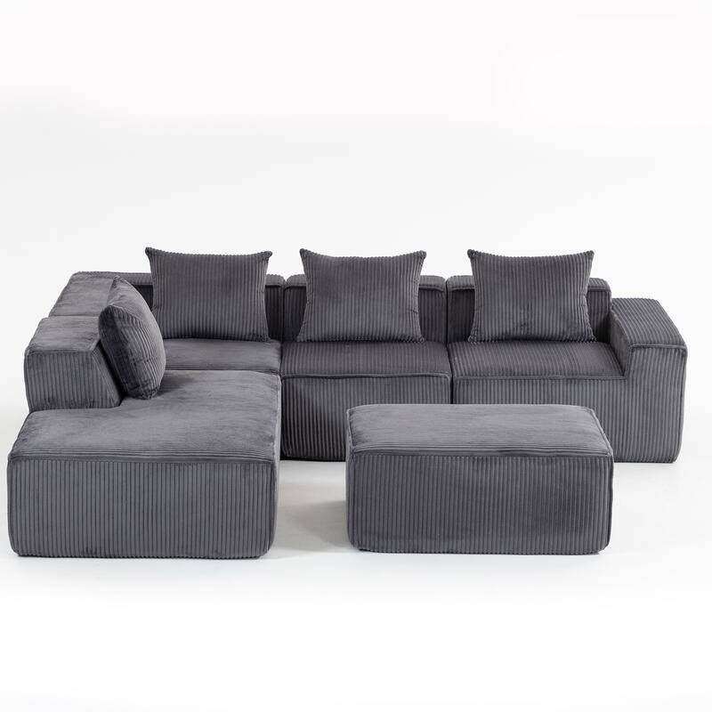 Corduroy Modular Sectional Sofa with Chaise Lounge, Deep Seat, Ottoman - Grey