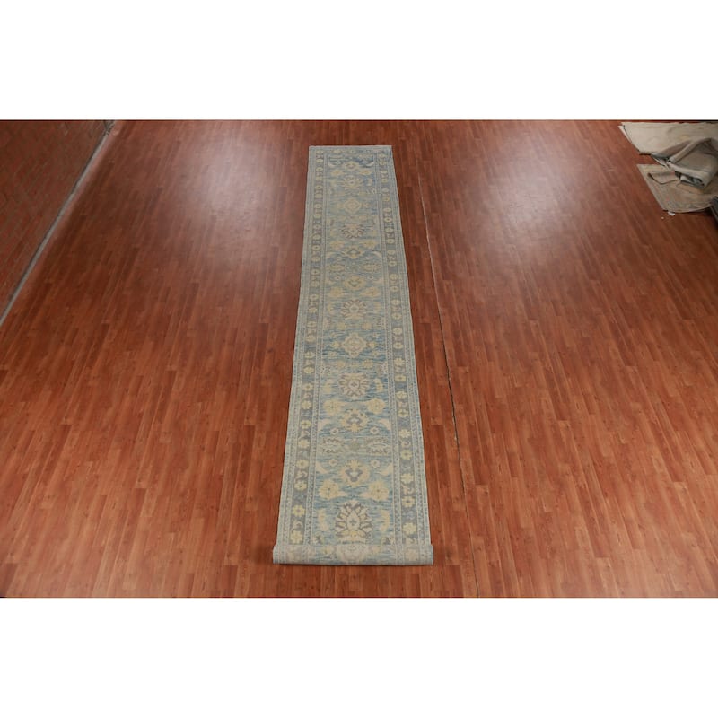 Hand Knotted Oriental 100% Wool Carpet Transitional Floral Navy Blue & Blues Oushak Runner Rug - 20' 2'' X 3' 1''