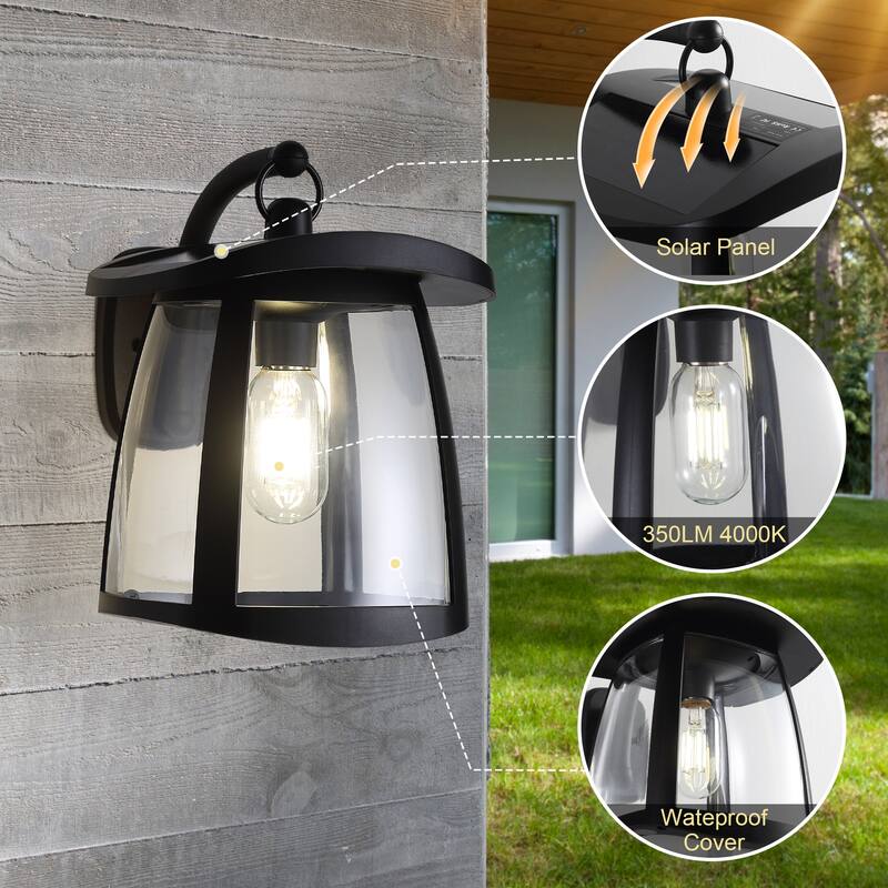 Black IP54 Waterproof Solar Wall Lanterns, 4 Lighting Modes with Button Control, Outdoor Hanging Lights with 2 Solar Panels