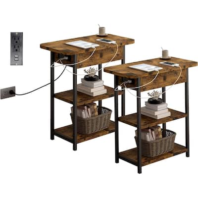 Rustic Brown End Table, 2-Tier Shelf, USB Ports, Outlets