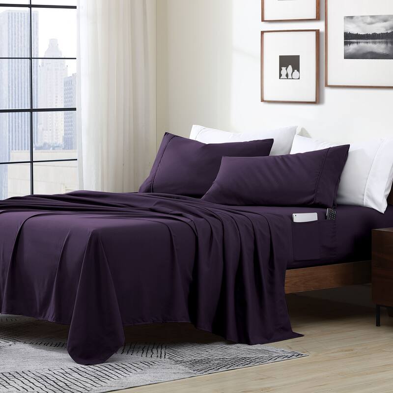 Home Essential Soft Microfiber Smart Sheet Storage Pocket Bedding Sheet Set - Full - Eggplant
