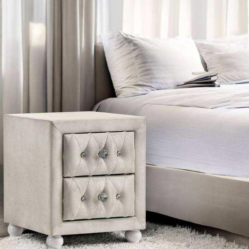 Beige Fabric Nightstand with 2 Storage Drawers, Wood and MDF Construction - Beige