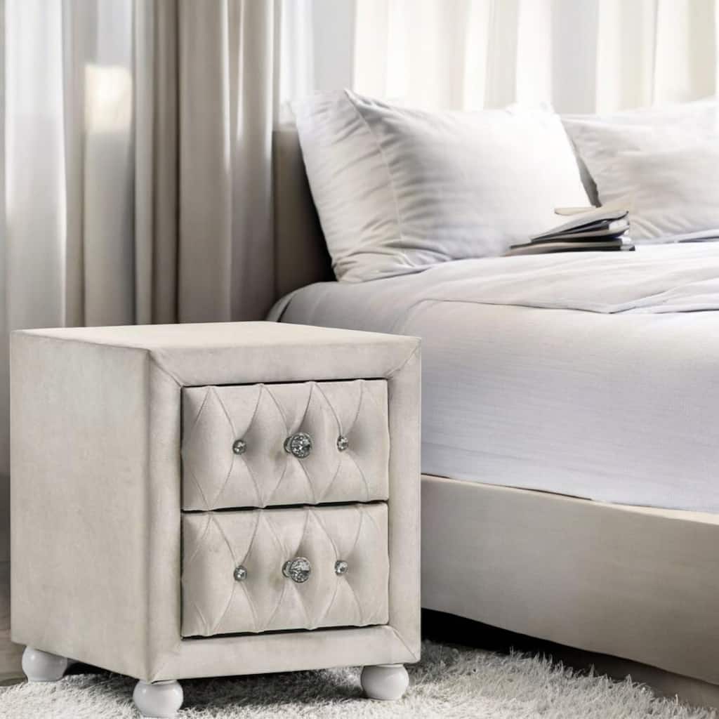 Beige Fabric Nightstand with 2 Storage Drawers, Wood and MDF Construction