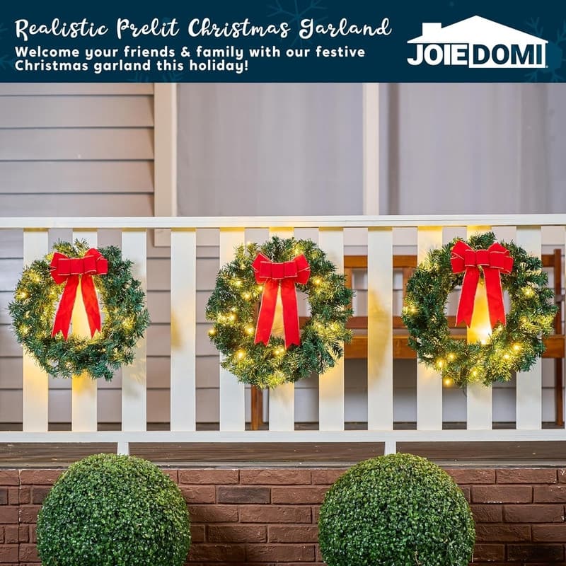 19" Christmas Wreath with LED Lights with Ribbon, 3 Pcs Christmas Wreaths for Front Door